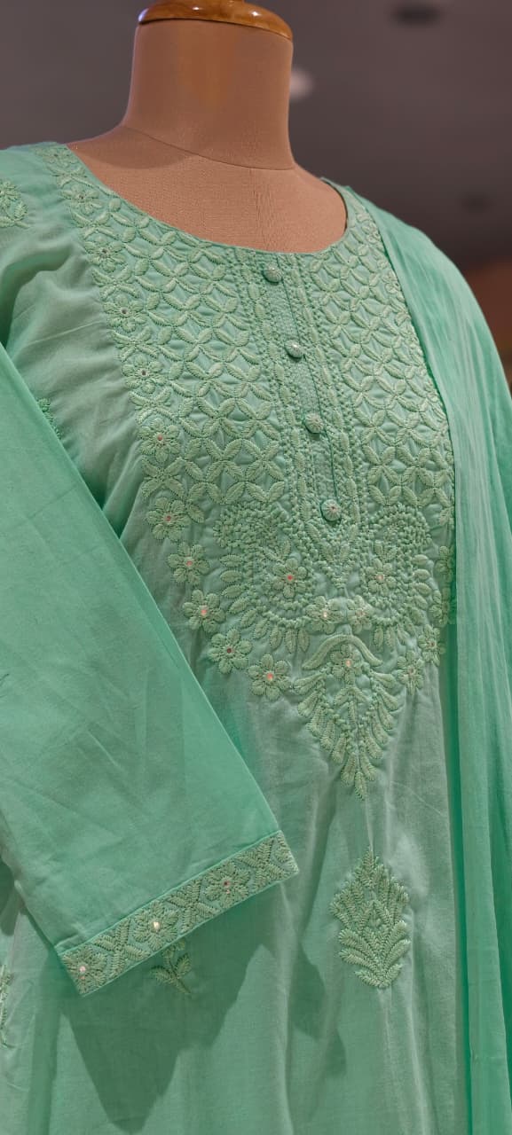 Chikankari Thread Embroidered Yoke Cotton Straight Full Suit Set With Dupatta- 15649