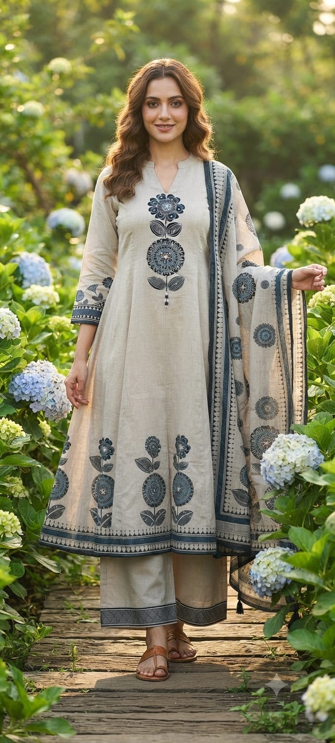 Earthy Bloom Floral Print A-Line Full Suit Set With Dupatta In Surat Mul-Chanderi Fabric- 15728