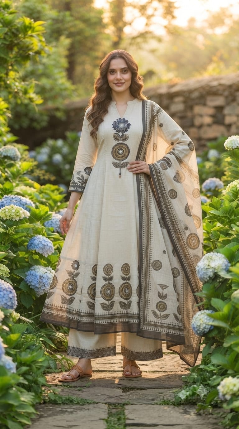 Earthy Bloom Floral Print A-Line Full Suit Set With Dupatta In Surat Mul-Chanderi Fabric- 15728