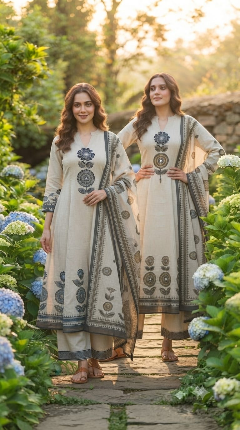 Earthy Bloom Floral Print A-Line Full Suit Set With Dupatta In Surat Mul-Chanderi Fabric- 15728