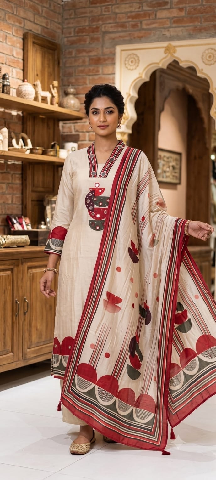 Beige & Grey Accent Geometric Print with Mirror Work Full Suit Set With Dupatta- 15730