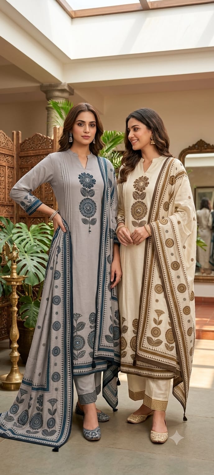 Earthy Bloom Floral Print A-Line Full Suit Set With Dupatta In Surat Mul-Chanderi Fabric- 15728