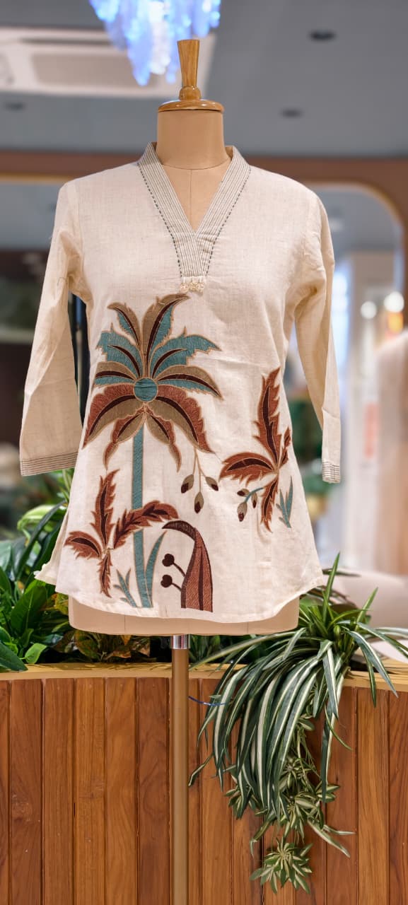 The Loom & Leaf Artistic Embroidered V-Neck Cotton Short Kurti- 15719