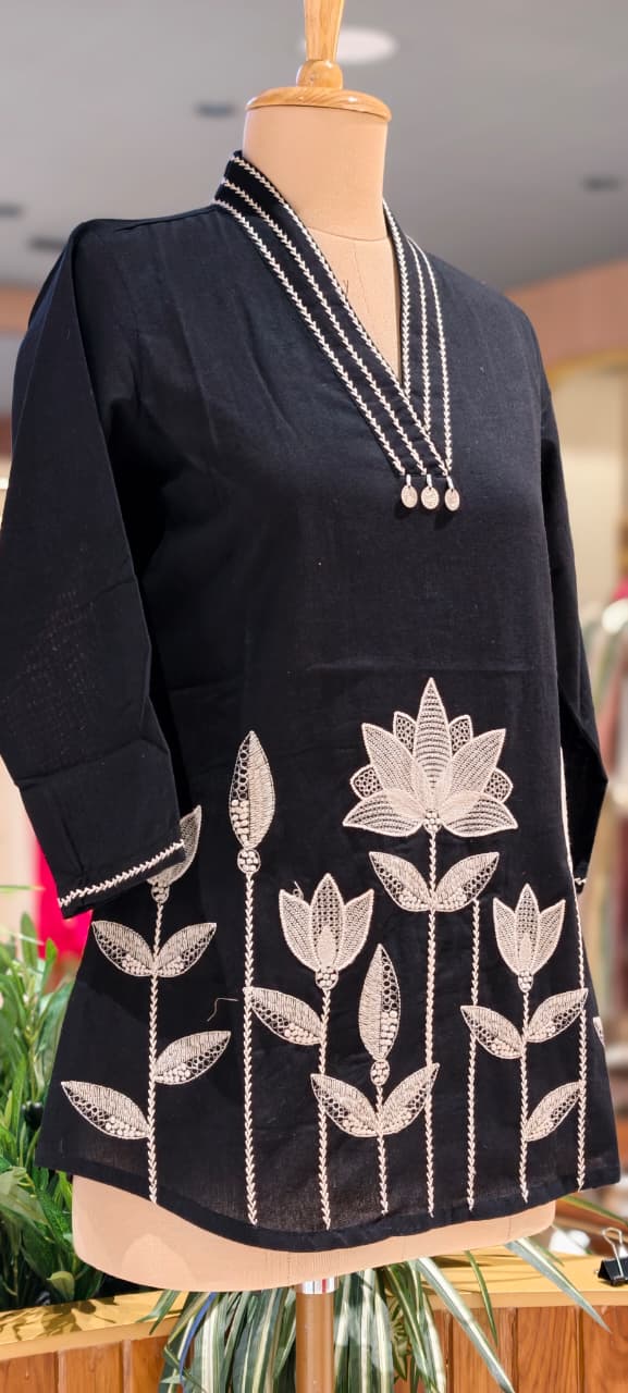 The Loom & Leaf Artistic Embroidered V-Neck Cotton Short Kurti- 15719