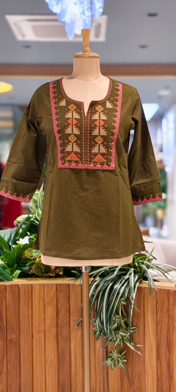 Abstract Nomad Thread Stitch Cotton Short Kurti Only- 15717