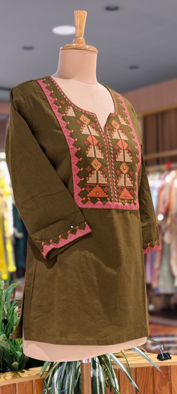 Abstract Nomad Thread Stitch Cotton Short Kurti Only- 15717