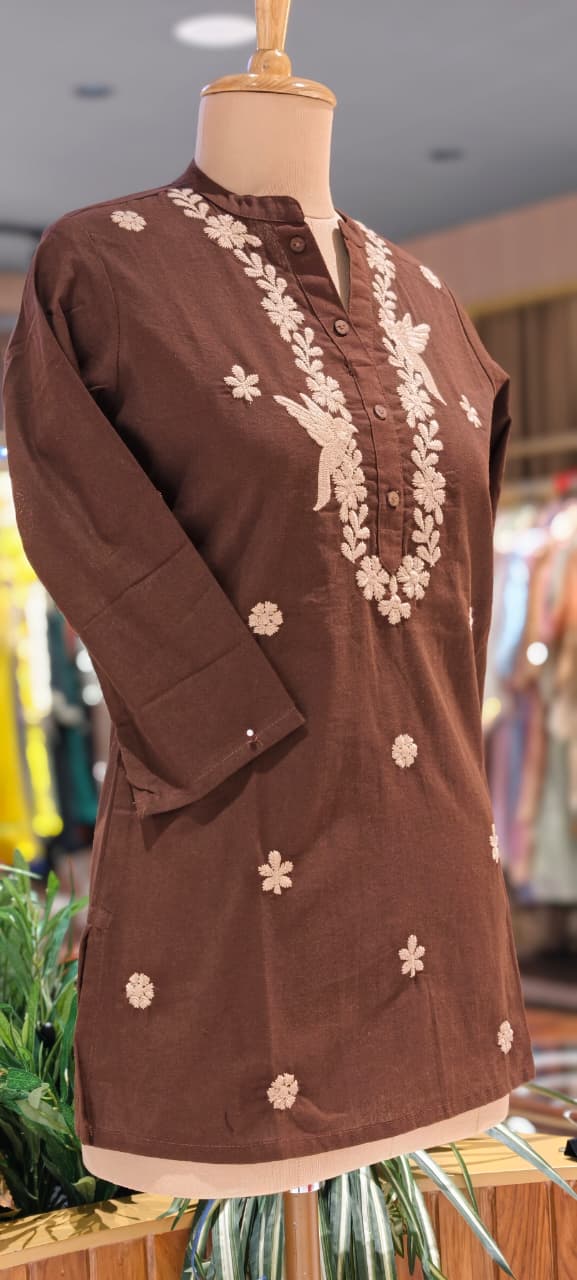 Threadscape Bird & Floral Embroidered Cotton Short Kurti Only- 15718