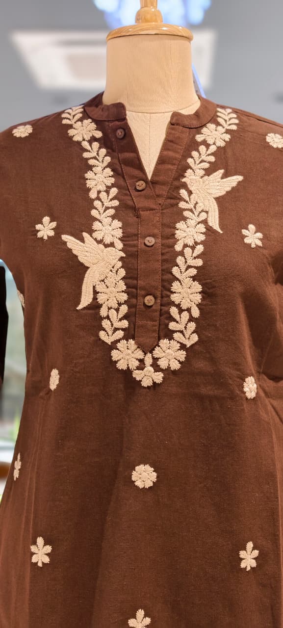 Threadscape Bird & Floral Embroidered Cotton Short Kurti Only- 15718