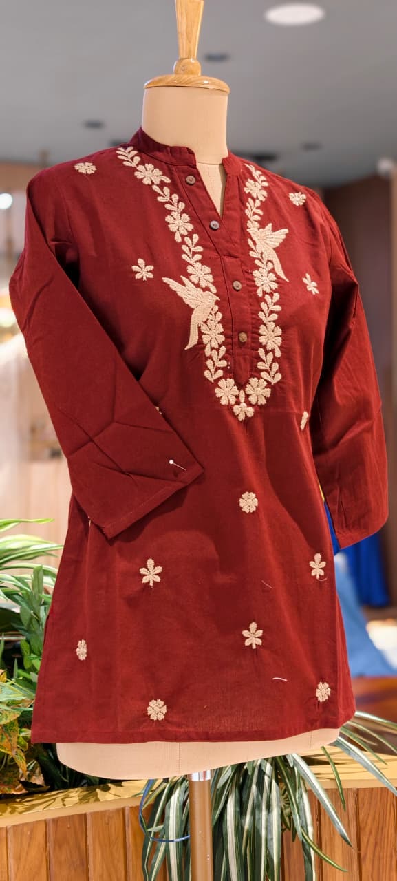 Threadscape Bird & Floral Embroidered Cotton Short Kurti Only- 15718