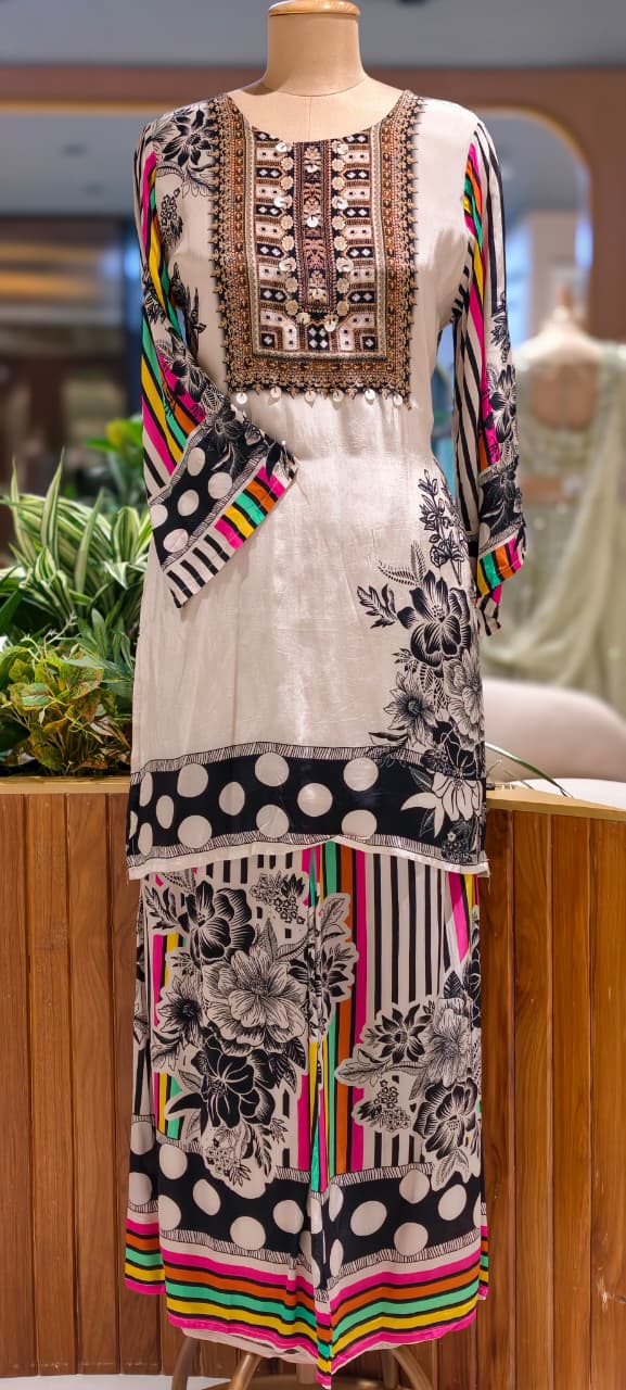 Attractive Digital Neon Highlighted Motifs Pure Crepe Co-Ord Set- 15763