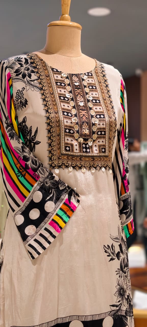 Attractive Digital Neon Highlighted Motifs Pure Crepe Co-Ord Set- 15763