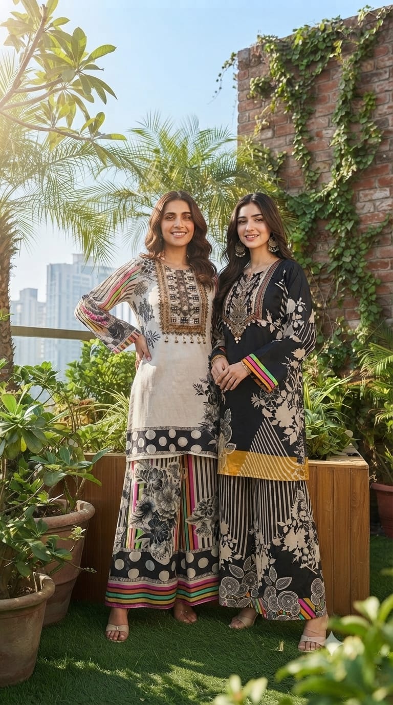 Attractive Digital Neon Highlighted Motifs Pure Crepe Co-Ord Set- 15763