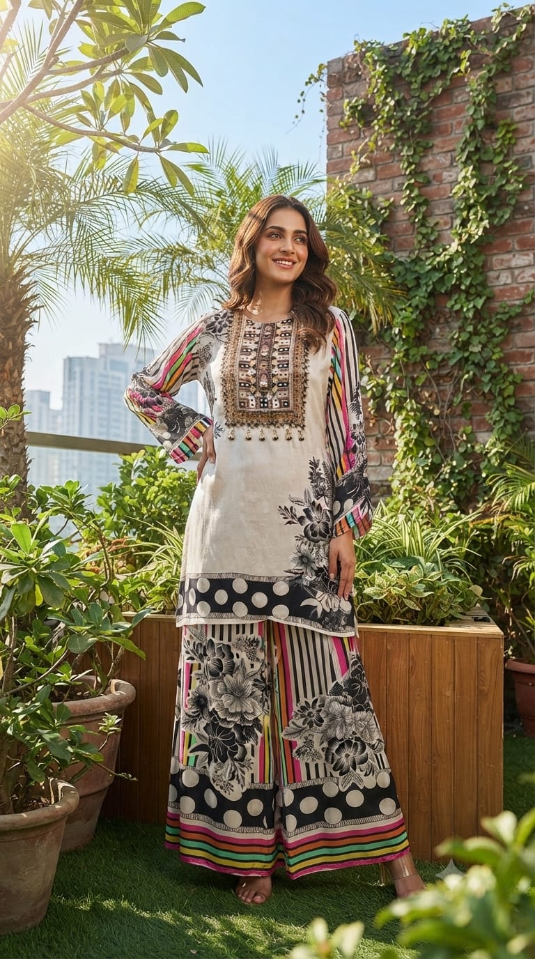 Attractive Digital Neon Highlighted Motifs Pure Crepe Co-Ord Set- 15763