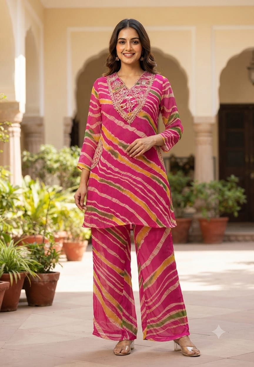Zari Golden Embroidered Multicolor Leheriya Print Side Pockets Chinon Co-Ord Set- 15760