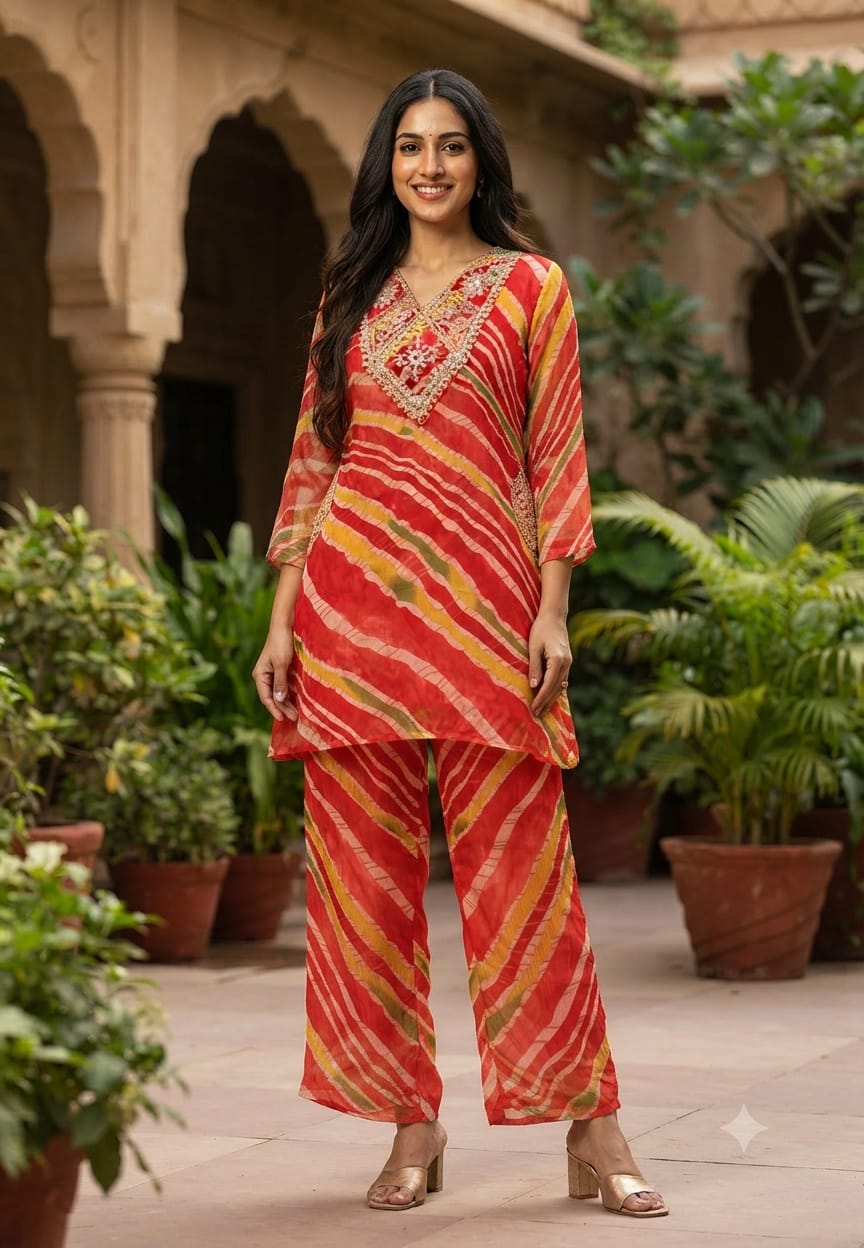 Zari Golden Embroidered Multicolor Leheriya Print Side Pockets Chinon Co-Ord Set- 15760