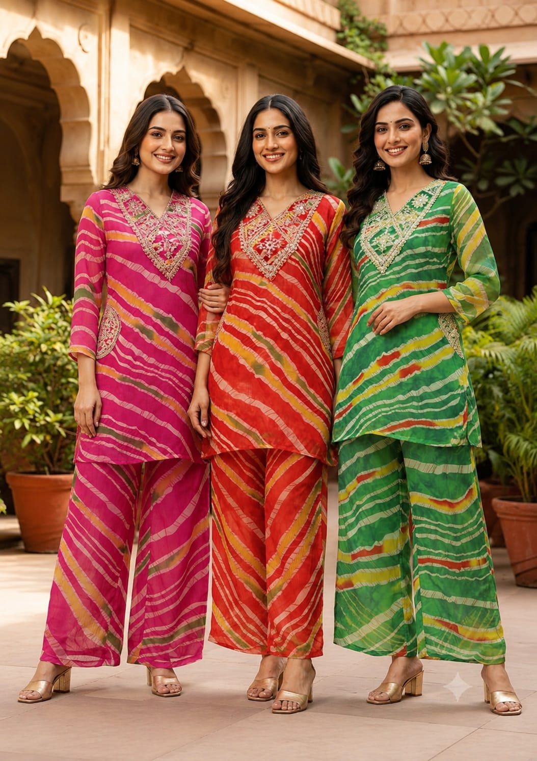 Zari Golden Embroidered Multicolor Leheriya Print Side Pockets Chinon Co-Ord Set- 15760