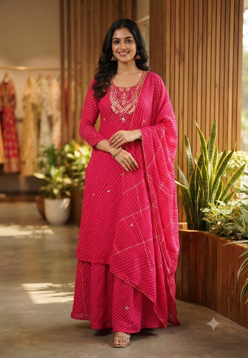 Elegant Traditional Gotta Embroidered Leheriya Pattern Semi Georgette Full Suit Set With Dupatta- 15118