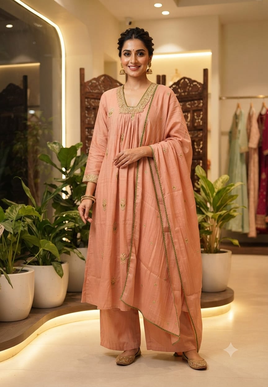 Fine Zari Embroidered Neckline Scattered Floral Pleated A-Line Surat Mul-Chanderi Full Suit Set With Dupatta- 15805