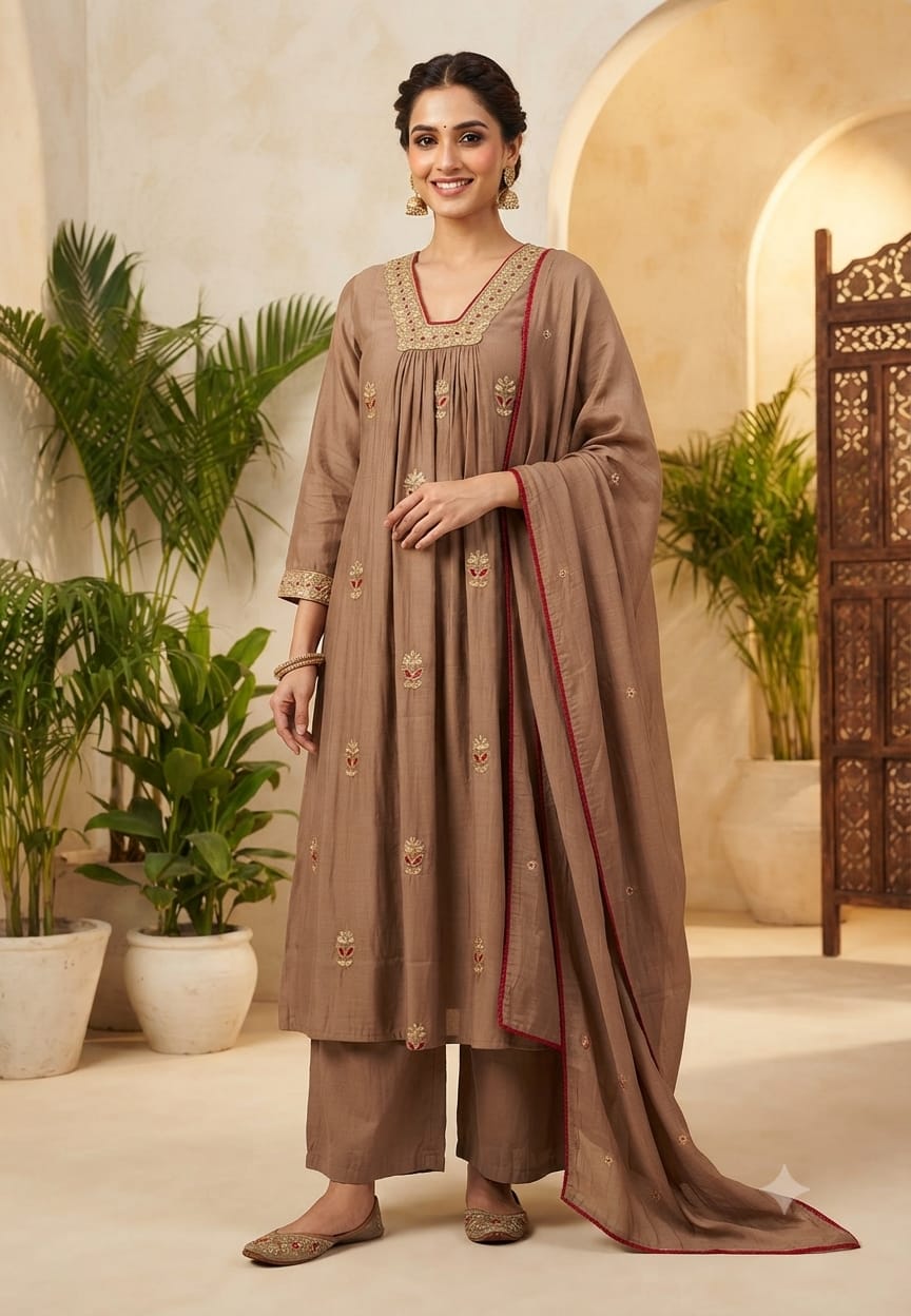Fine Zari Embroidered Neckline Scattered Floral Pleated A-Line Surat Mul-Chanderi Full Suit Set With Dupatta- 15805