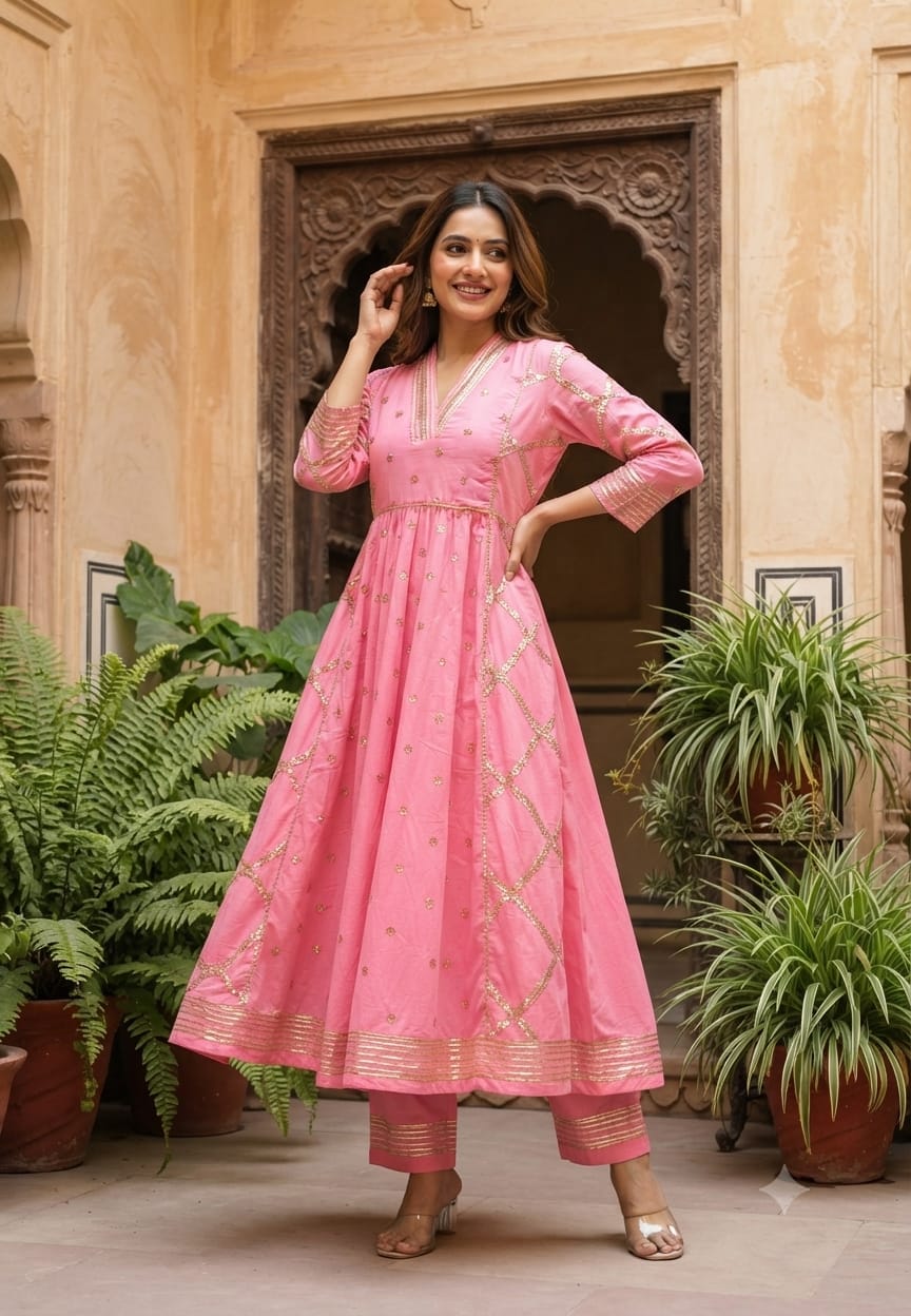 Graceful Embroidered Anarkali Kurta Set with Matching Pants – Elegant Ethnic Wear for Festive Occasion Mul Cotton Fabric--15818