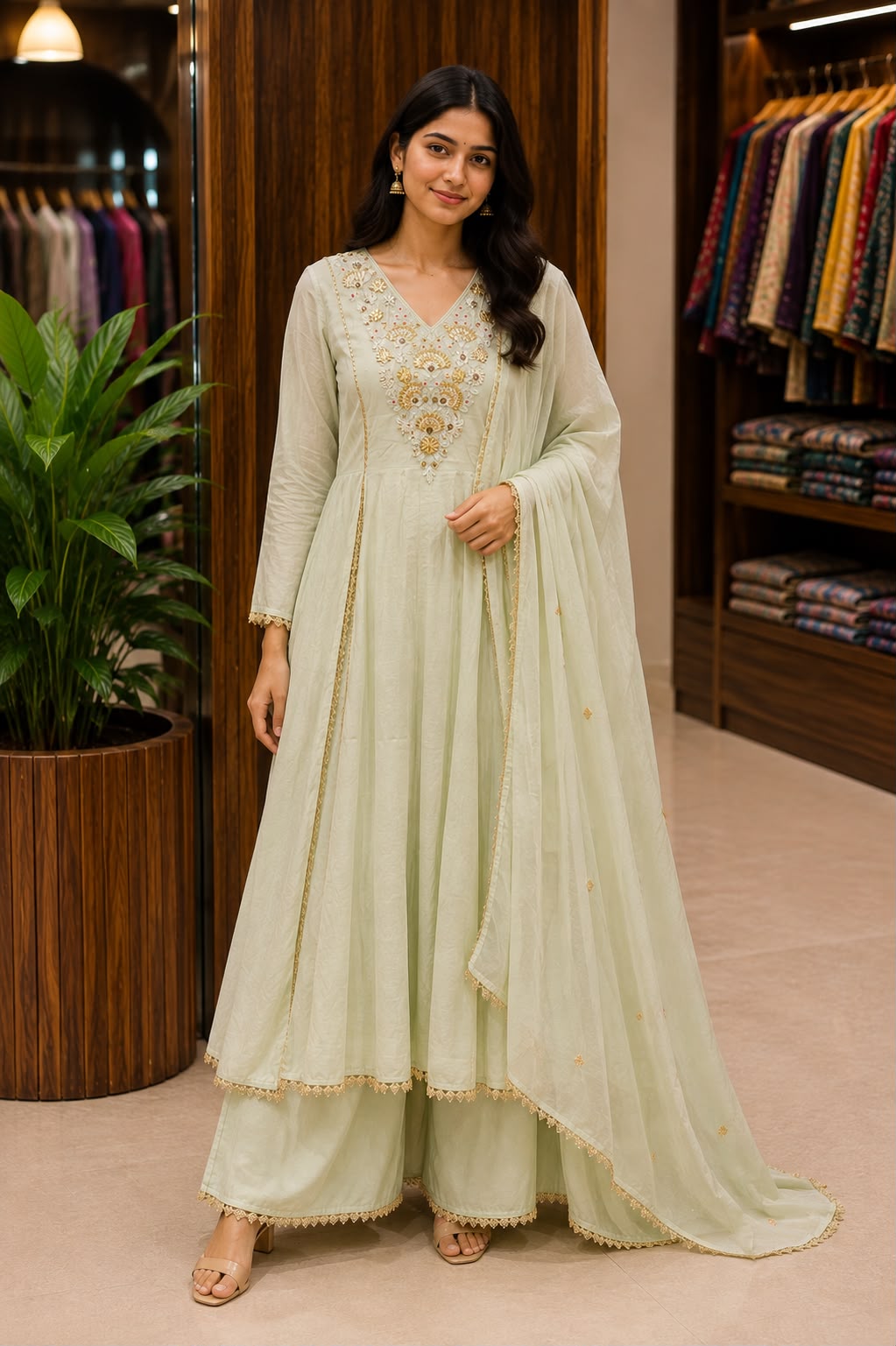 Elegant Intricate Embroidery Golden Lace Touch Mul-Chanderi A-Line Full Suit Set With Dupatta- 15791