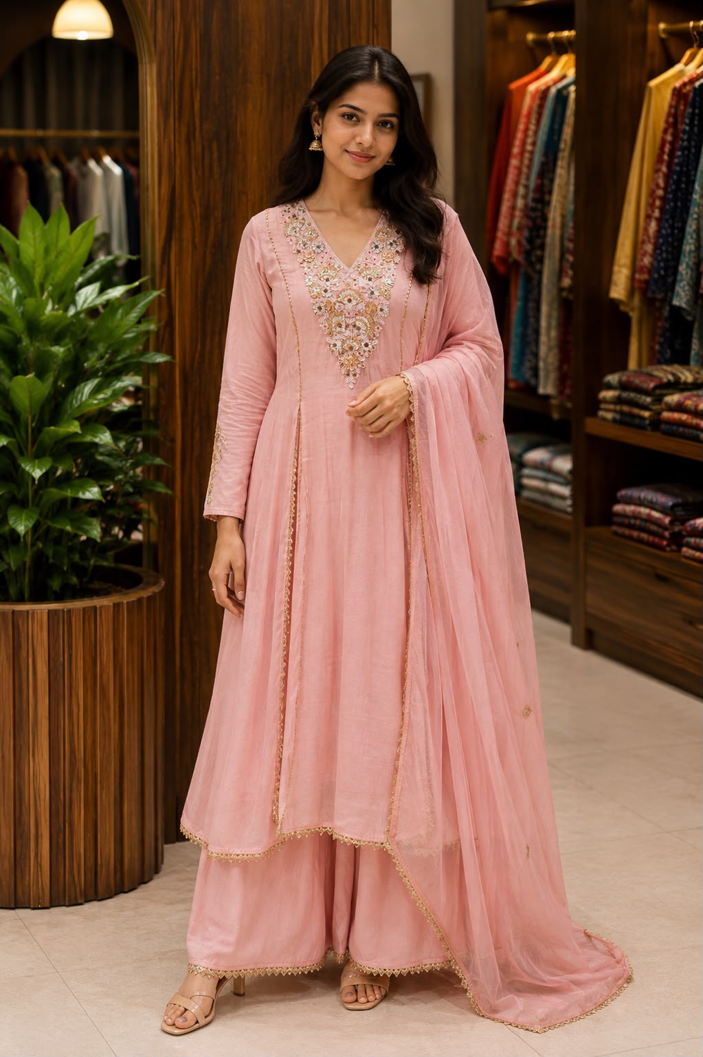 Elegant Intricate Embroidery Golden Lace Touch Mul-Chanderi A-Line Full Suit Set With Dupatta- 15791