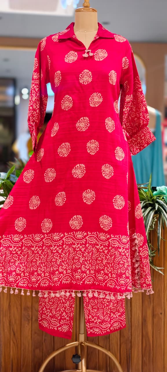Premium Pink & Green Floral Block Motifts Ethnic A-Line Kurta Pant Set- 15836