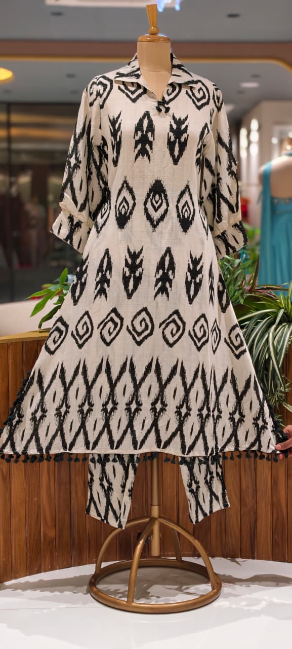 Ikkat Inspired Print Thread Tassel Accent A-Line Kurta Pant Set- 15830