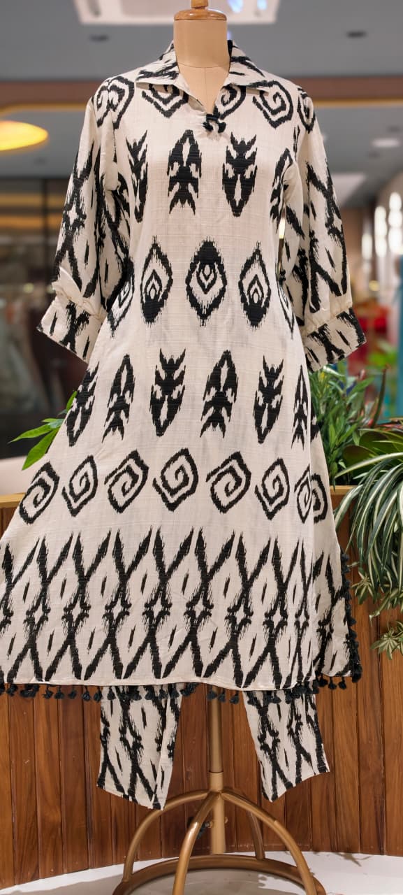 Ikkat Inspired Print Thread Tassel Accent A-Line Kurta Pant Set- 15830
