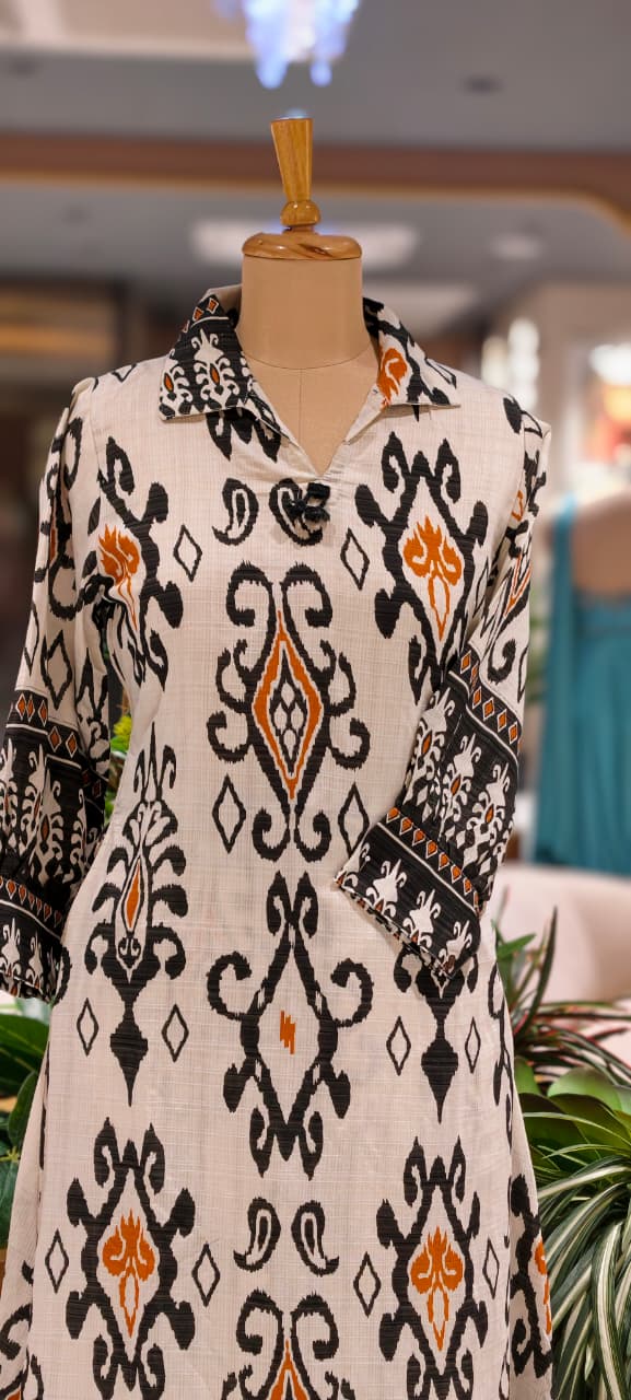 Ikkat Inspired Print Thread Tassel Accent A-Line Kurta Pant Set- 15830