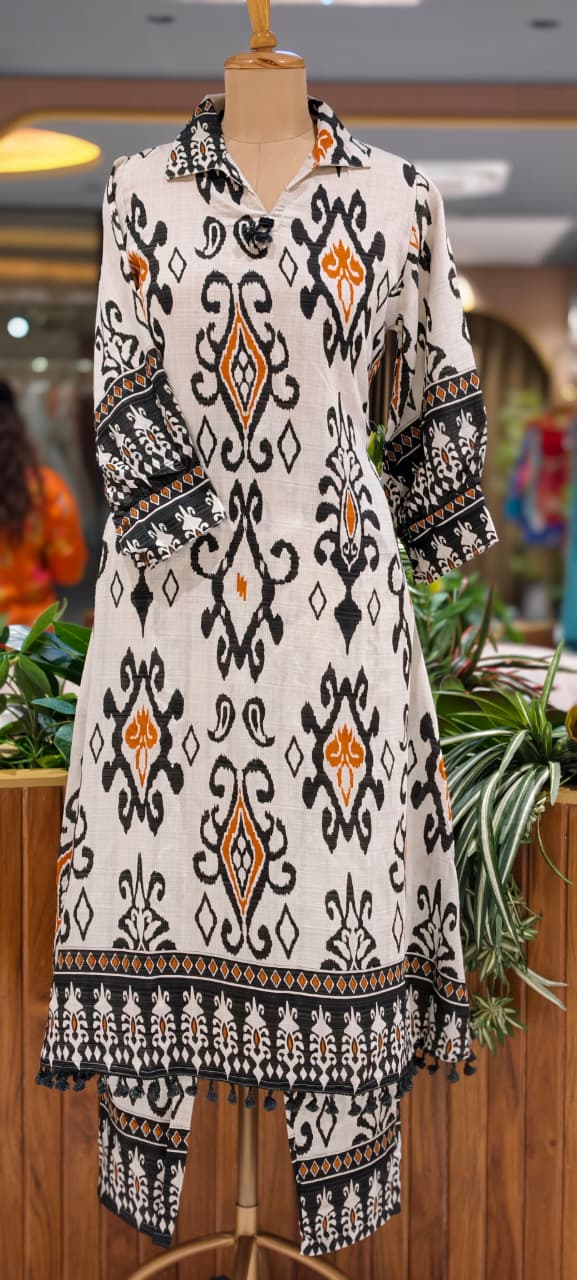 Ikkat Inspired Print Thread Tassel Accent A-Line Kurta Pant Set- 15830