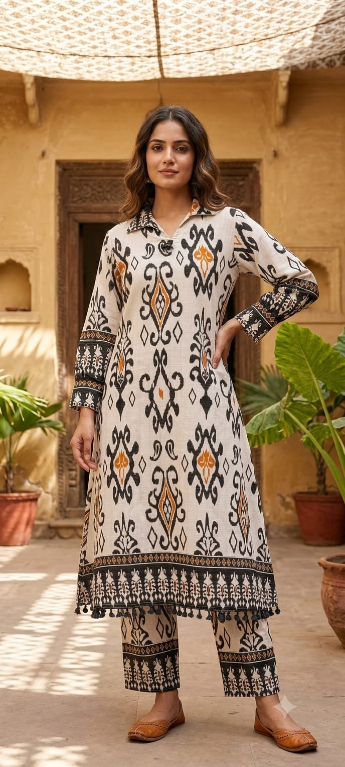 Ikkat Inspired Print Thread Tassel Accent A-Line Kurta Pant Set- 15830