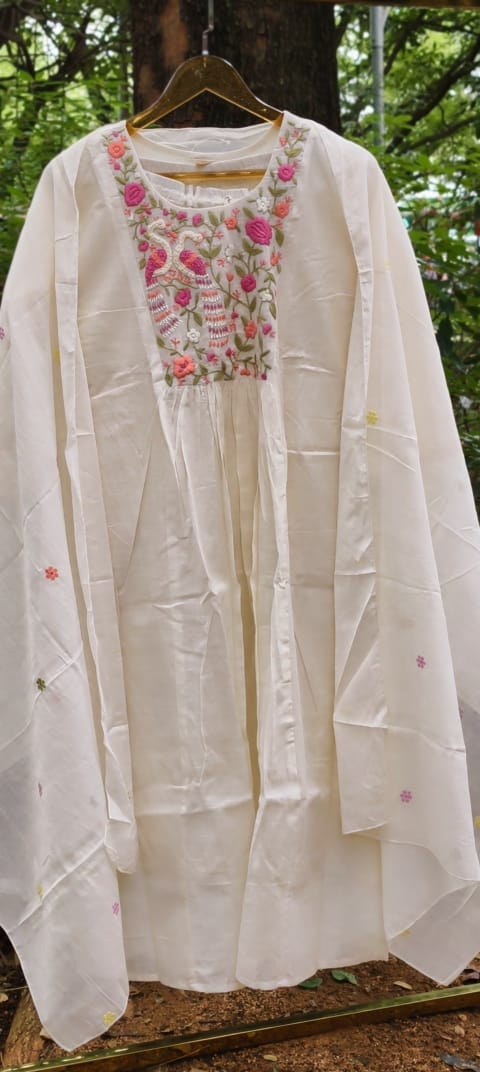 Ivory Floral Embroidered Yoke A-Line Full Suit Set With Dupatta In Kora Cotton Fabric- 14689