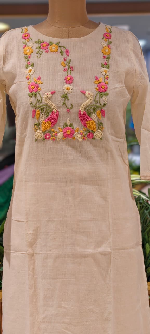 Crochet Gardenia Swan Embroidered Kora Cotton Full Suit Set With Dupatta- 14689
