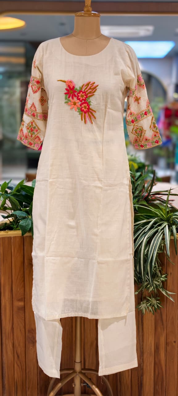 Ivory Floral Embroidery Over Sleeve & Figured Yoke Kora Cotton Full Suit Set With Dupatta- 15848
