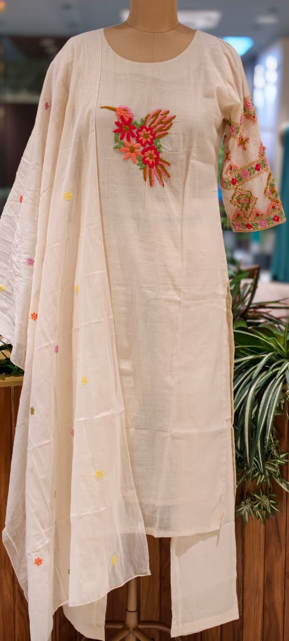 Ivory Floral Embroidery Over Sleeve & Figured Yoke Kora Cotton Full Suit Set With Dupatta- 15848