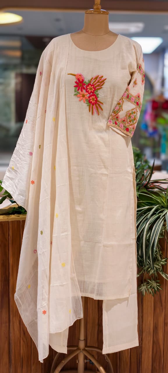 Ivory Floral Embroidery Over Sleeve & Figured Yoke Kora Cotton Full Suit Set With Dupatta- 15848