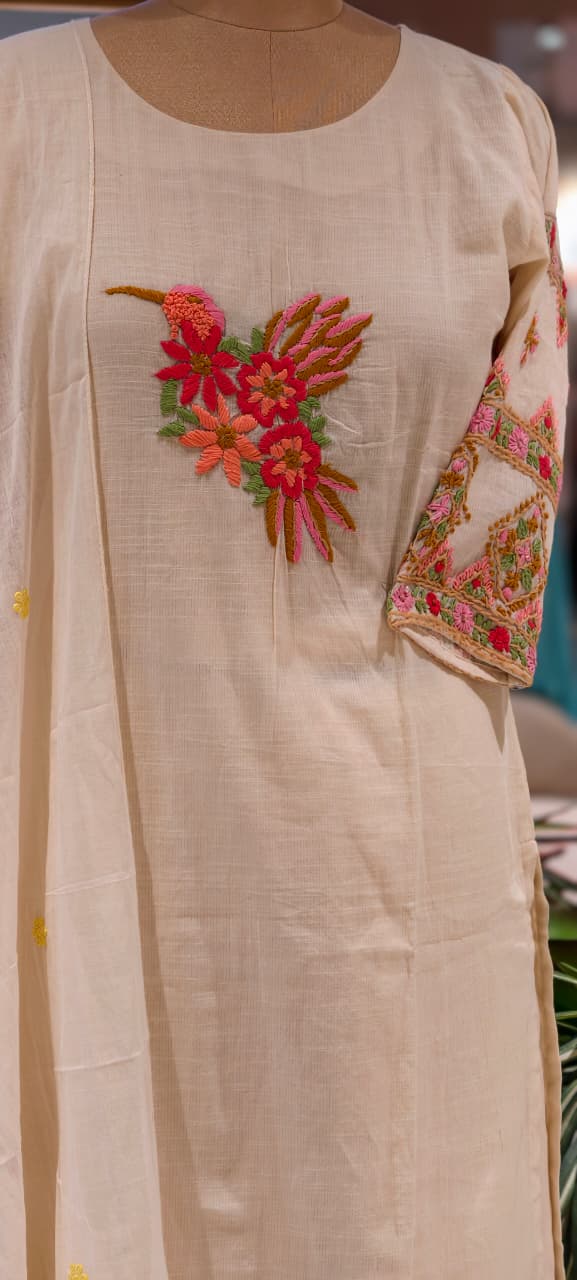 Ivory Floral Embroidery Over Sleeve & Figured Yoke Kora Cotton Full Suit Set With Dupatta- 15848