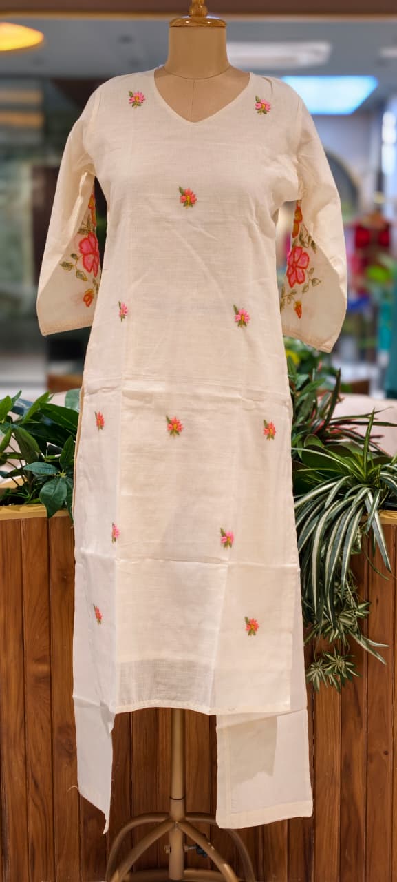 Ivory Spring Floral Embroidered With Print Kora Cotton Full Suit Set With Dupatta- 14689