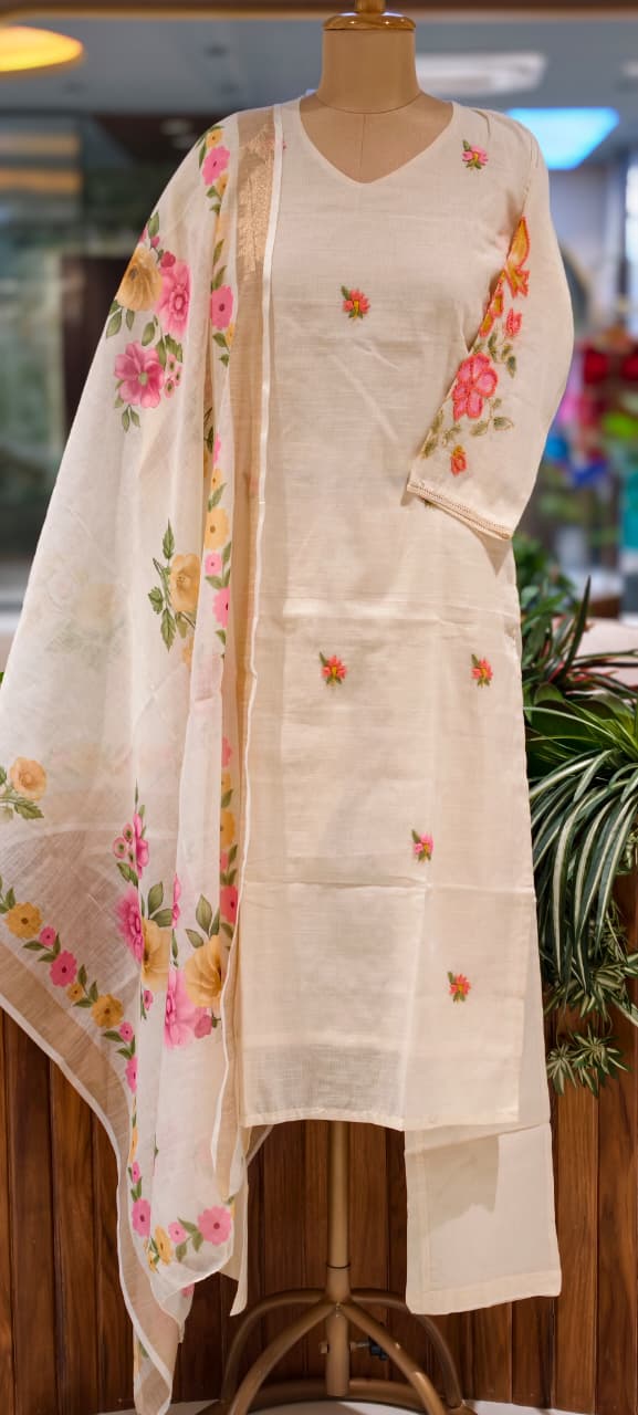 Ivory Spring Floral Embroidered With Print Kora Cotton Full Suit Set With Dupatta- 14689