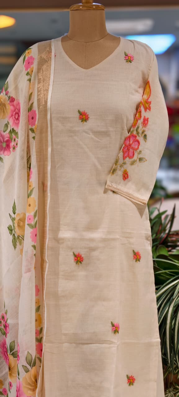 Ivory Spring Floral Embroidered With Print Kora Cotton Full Suit Set With Dupatta- 14689