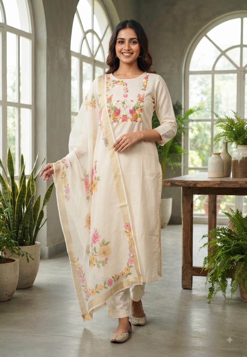 Crochet Gardenia Swan Embroidered Kora Cotton Full Suit Set With Dupatta- 14689