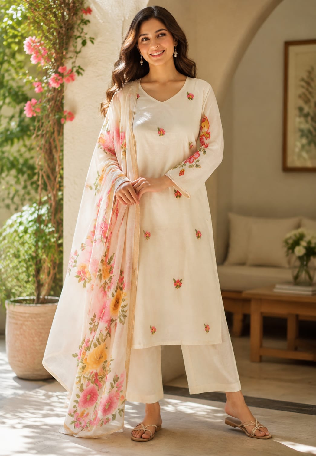 Ivory Spring Floral Embroidered With Print Kora Cotton Full Suit Set With Dupatta- 14689