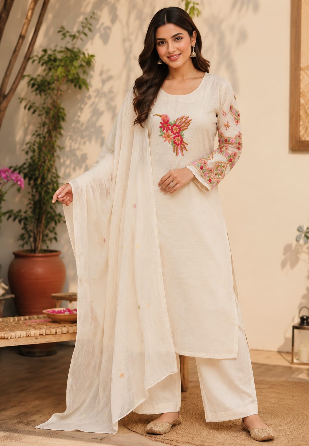 Ivory Floral Embroidery Over Sleeve & Figured Yoke Kora Cotton Full Suit Set With Dupatta- 15848