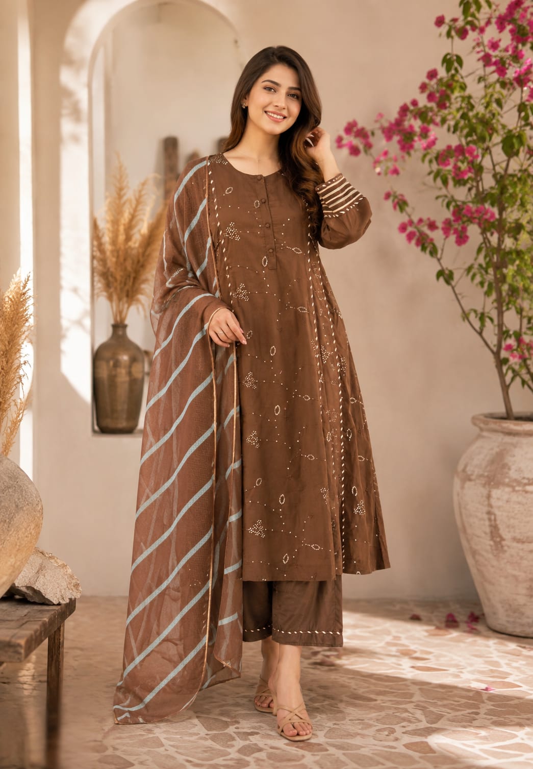 Beautiful Handcrafted Mul Cotton Suit Set with Embroidered Kurta, Matching Bottom & Printed Dupatta- 15820