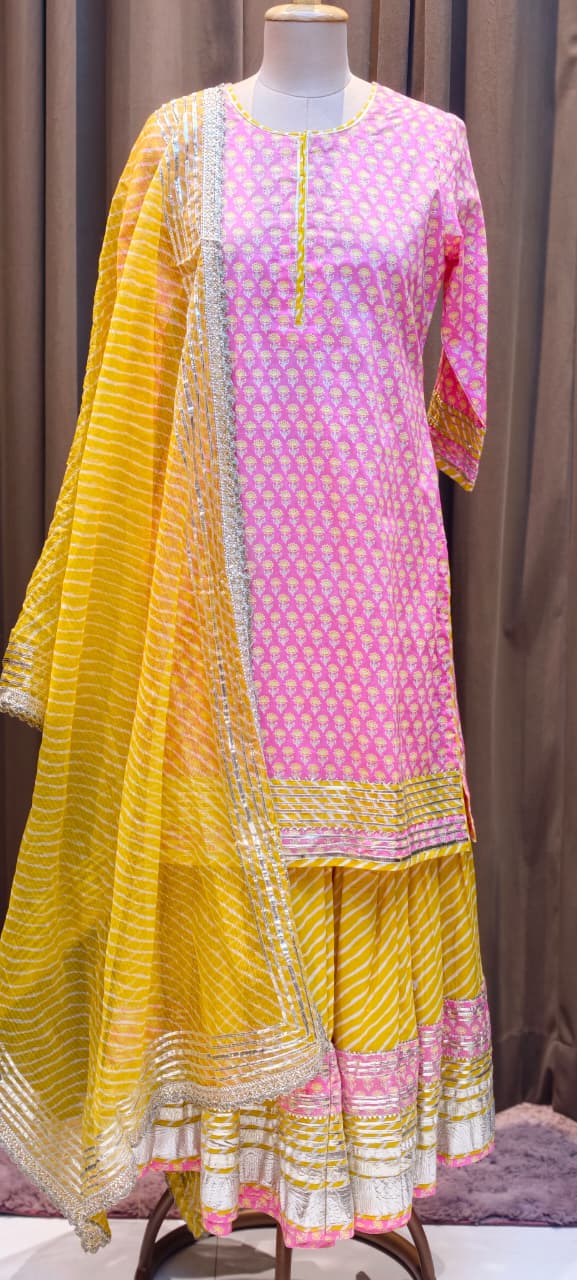 Pure Cottom Elegant Gotta Patti Work Floral Block Prints Ethnic Wear Full Suit Set With Dupatta & Heavy Sharara Bottom- 15837