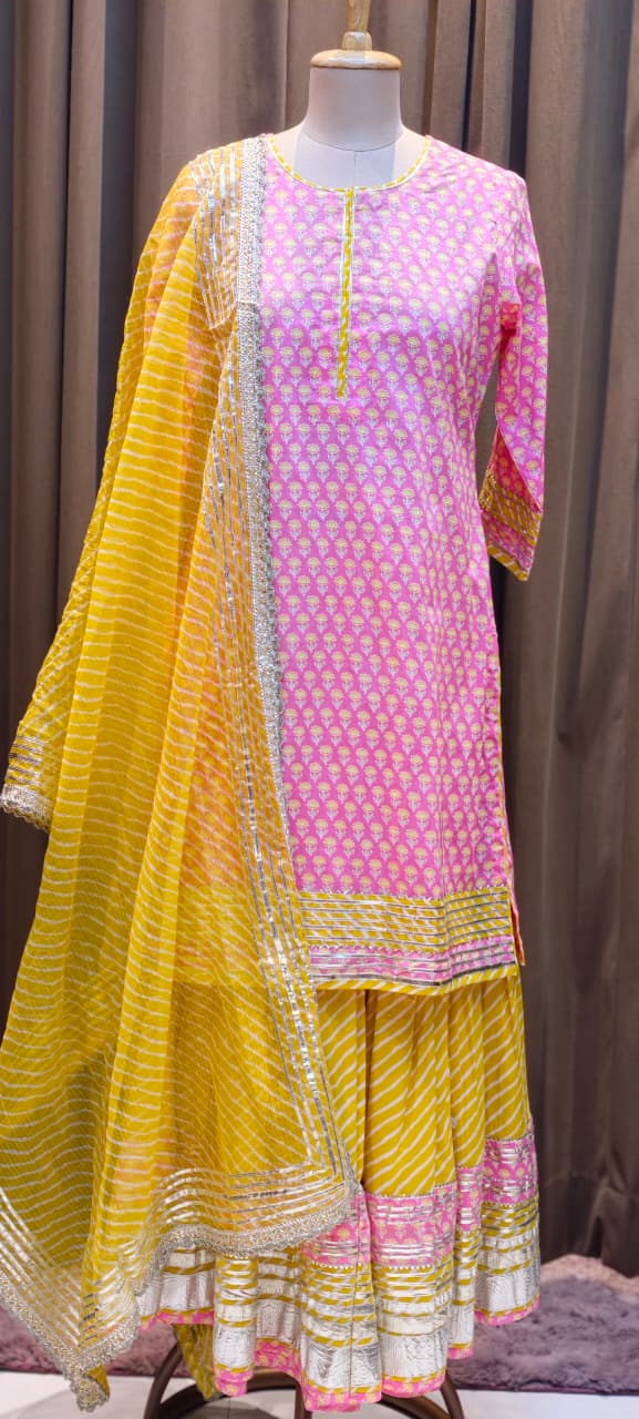 Pure Cottom Elegant Gotta Patti Work Floral Block Prints Ethnic Wear Full Suit Set With Dupatta & Heavy Sharara Bottom- 15837