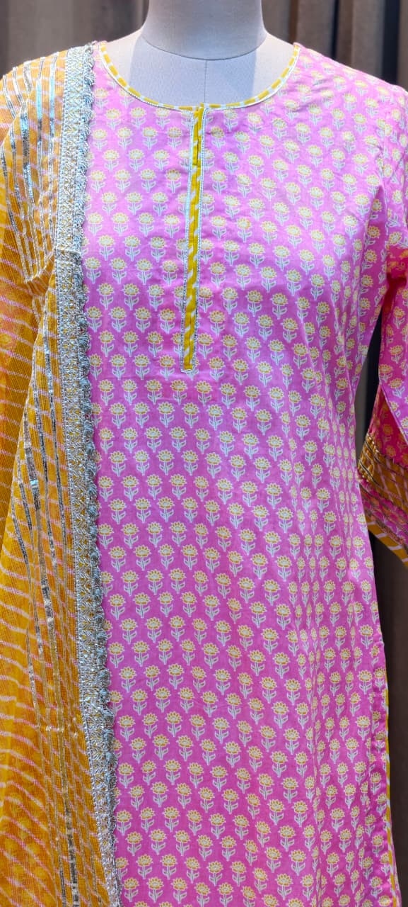 Pure Cottom Elegant Gotta Patti Work Floral Block Prints Ethnic Wear Full Suit Set With Dupatta & Heavy Sharara Bottom- 15837