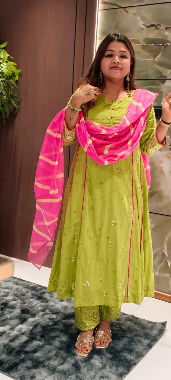 Beautiful Handcrafted Mul Cotton Suit Set with Embroidered Kurta, Matching Bottom & Printed Dupatta- 15820