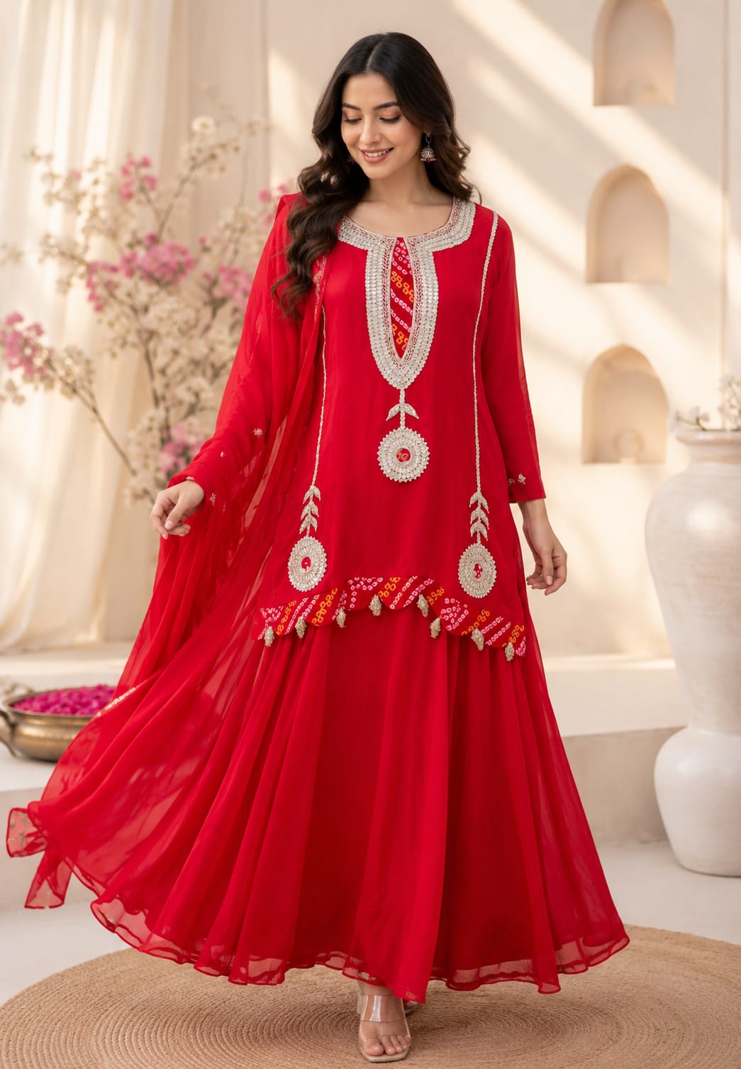 Bandhej Highlights Elegant Gotta Detailing Crepe Full Suit Set With Flared Skirt Bottom & Dupatta- 15852
